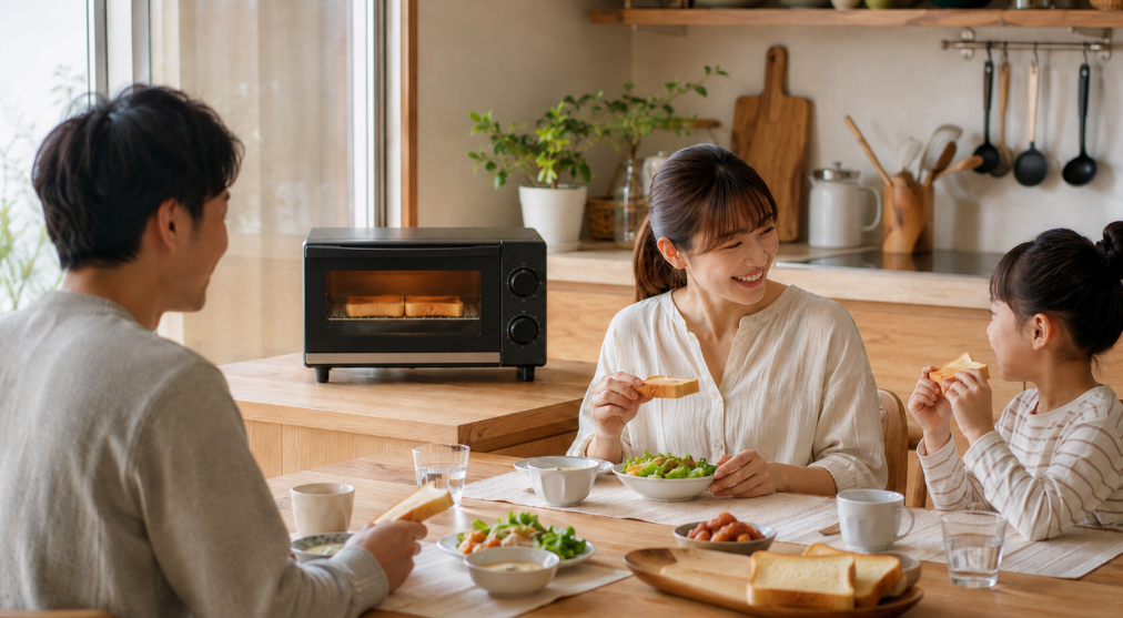 シンプルなオーブントースターで焼いたパンを家族で楽しむ朝食風景
