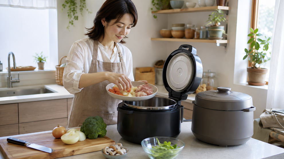 自動調理鍋に肉や野菜を入れて料理の準備をする日本人女性の様子