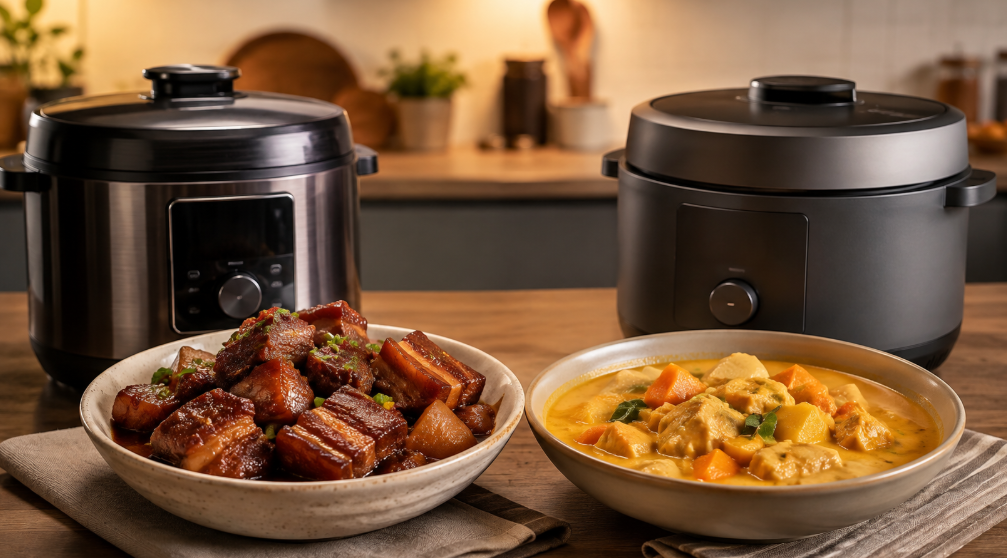 自動調理鍋で作った角煮とカレーを並べ、ビストロとホットクックの得意料理を比較したイメージ
