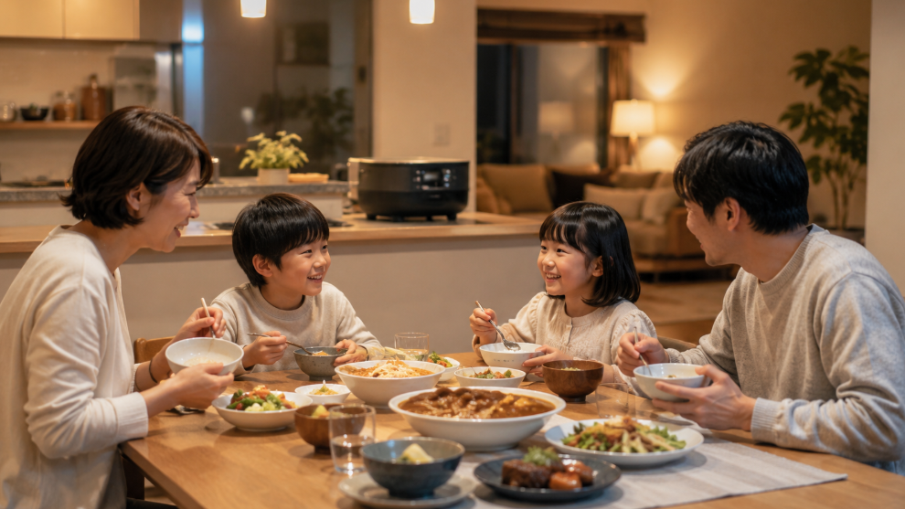 自動調理鍋で作った料理を囲み、家族で夕食を楽しむ日本人家庭の様子