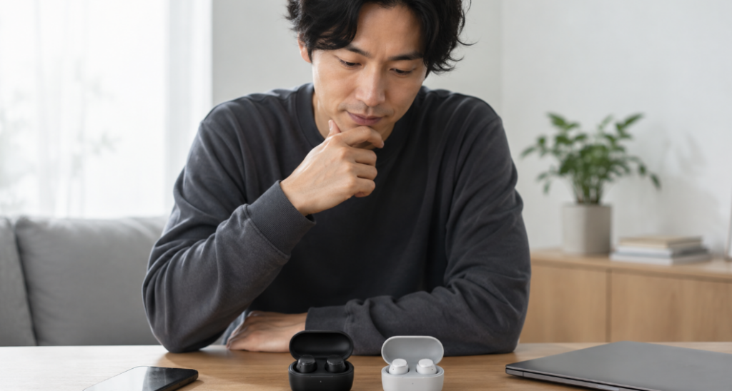 2種類のワイヤレスイヤホンを前に機能や価格を比較して選ぶ日本人男性