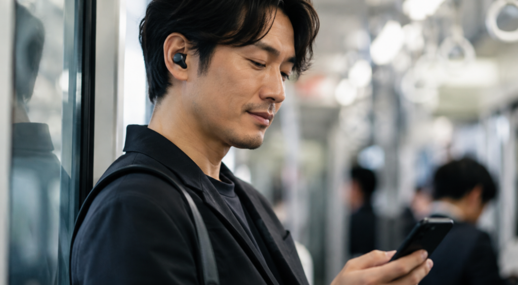 通勤電車でワイヤレスイヤホンを装着しスマートフォンを使う日本人男性