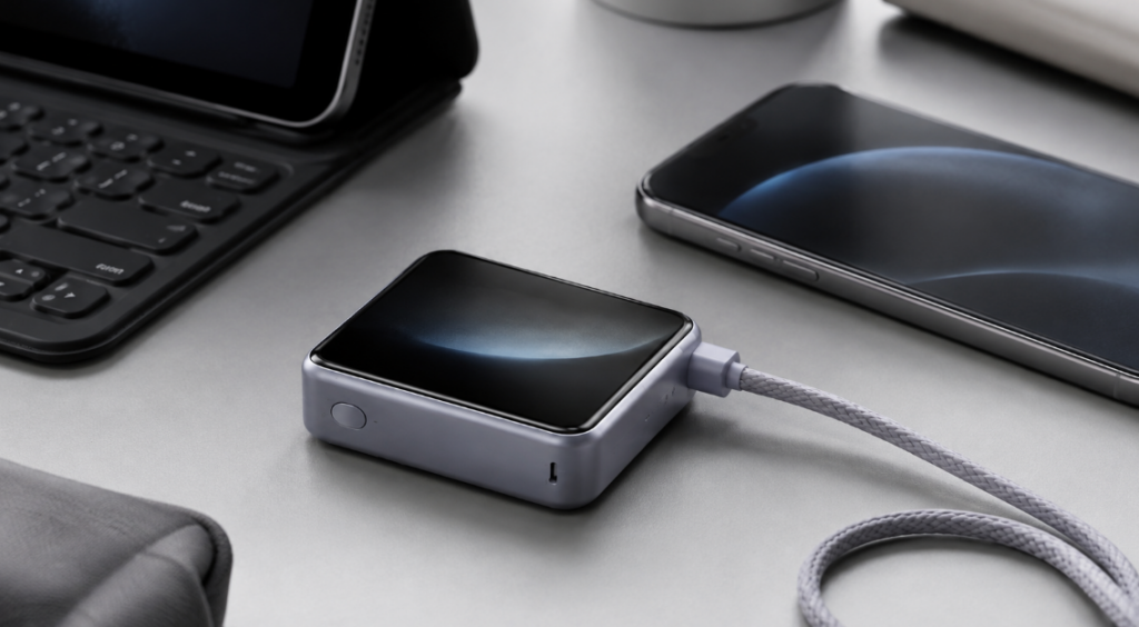 UGREEN Nexode Wavyのディスプレイと内蔵USB-Cケーブルを確認できるモバイルバッテリー