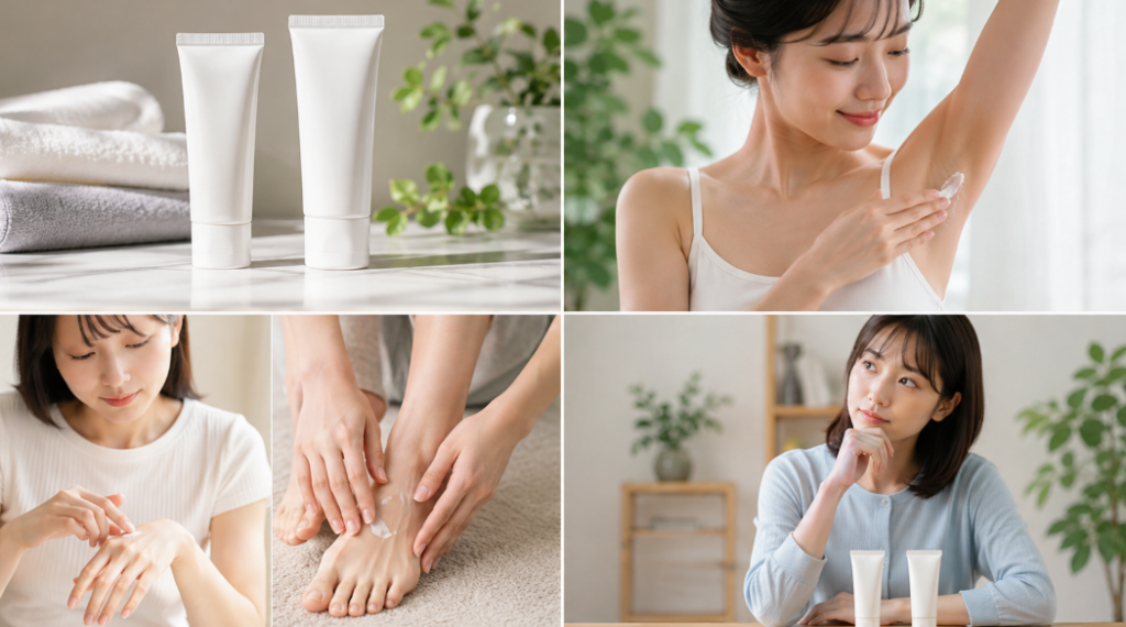 デオドラントクリームをワキ・手・足に使用する場面と2種類の商品を比較する女性