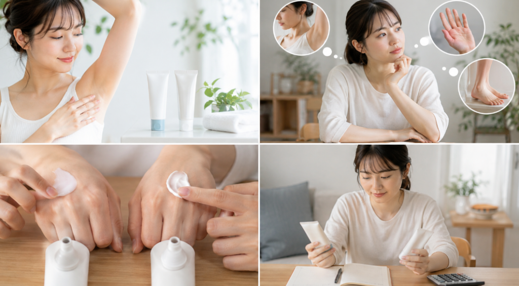 サラフィネとプルーストクリームの使用部位やテクスチャの違いを比較する女性