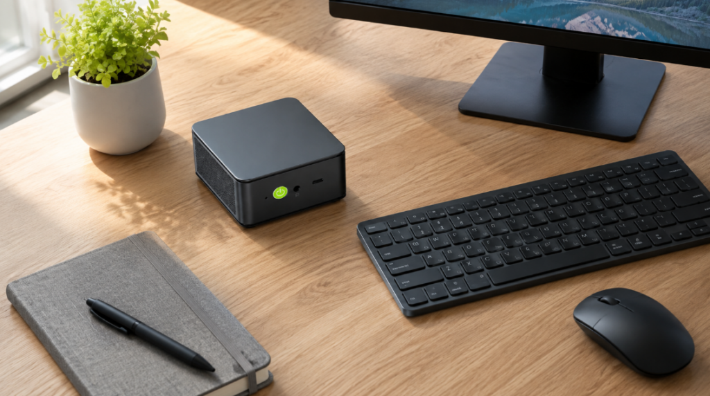 省スペースなデスクに設置したGMKtec M5SをイメージしたコンパクトミニPC