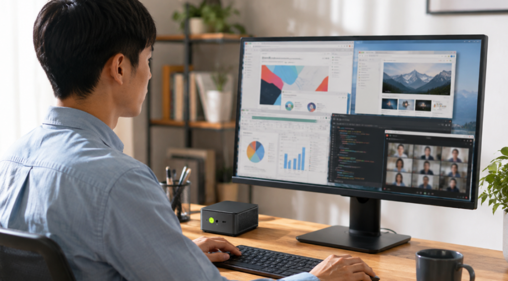 GMKtec M5SをイメージしたミニPCで複数アプリを使い在宅ワークをする様子