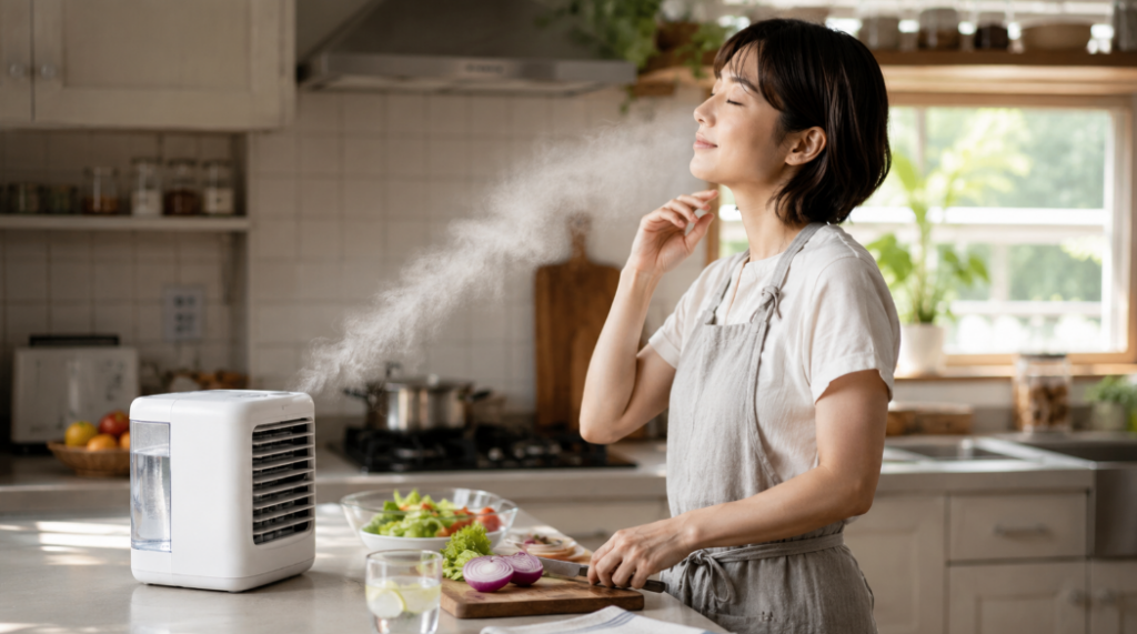 暑いキッチンでlavino クールエアーミストを使いながら料理をする女性