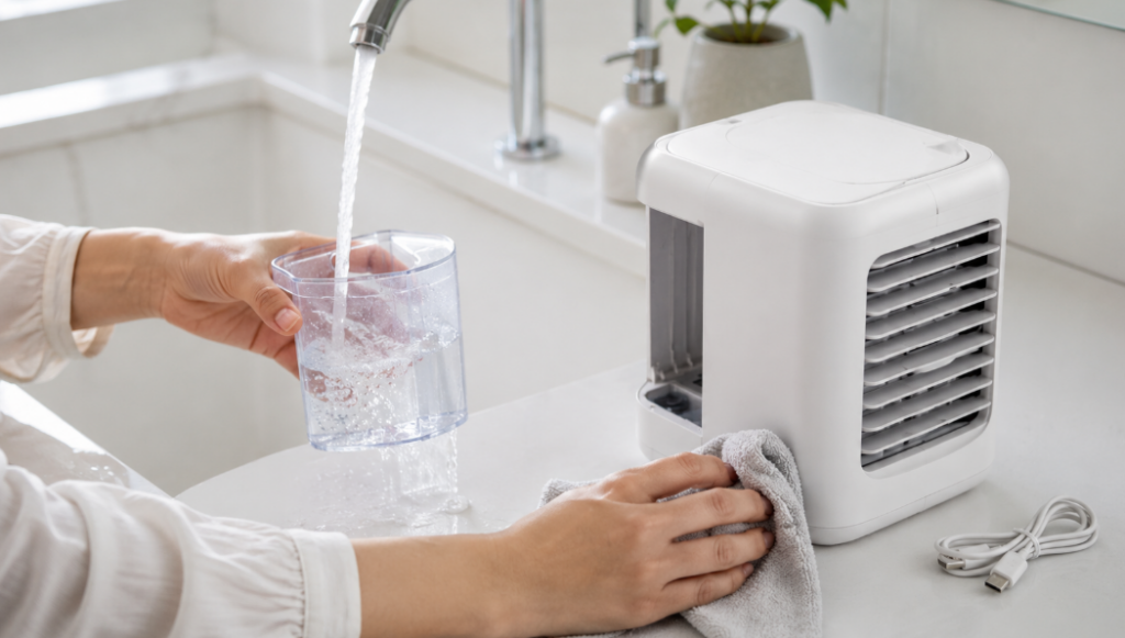 lavino クールエアーミストの水タンクを給水して本体を清掃するお手入れイメージ