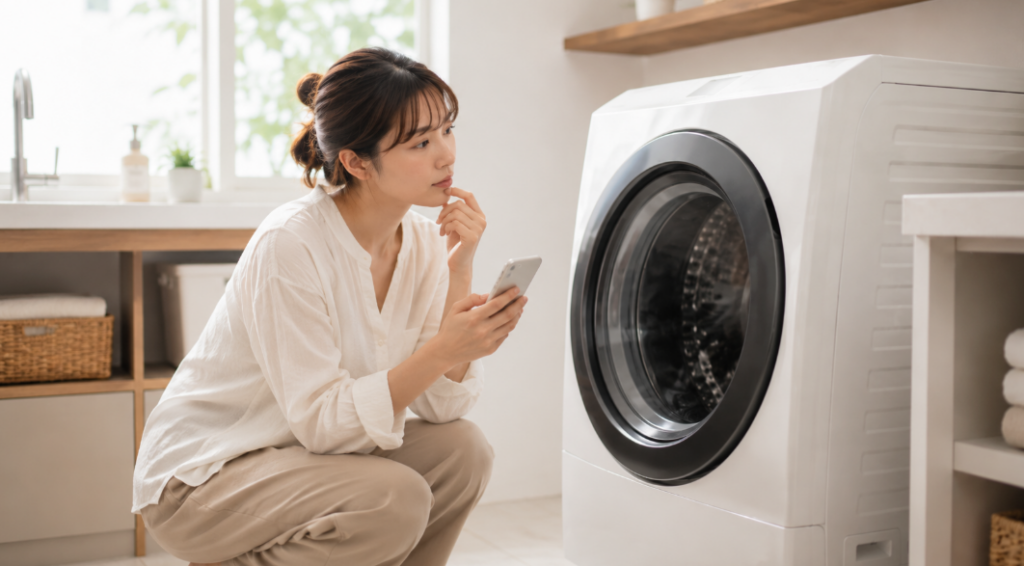 NA-LX129FLの発売前口コミをスマホで調べながら洗濯乾燥機を確認する女性