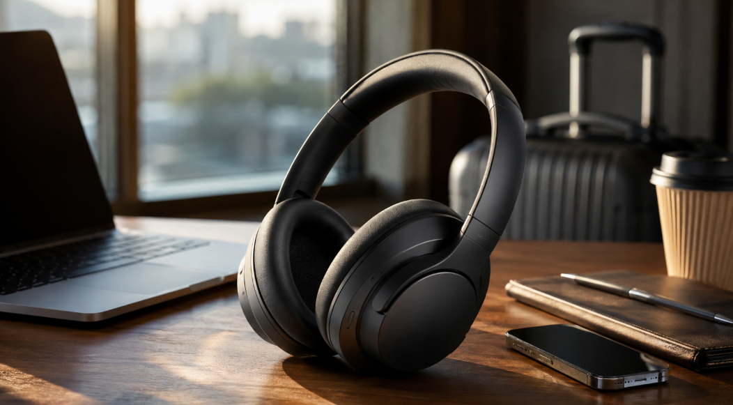 QuietComfort Headphones 第2世代をイメージしたノイズキャンセリングヘッドホンとノートPC・旅行用品