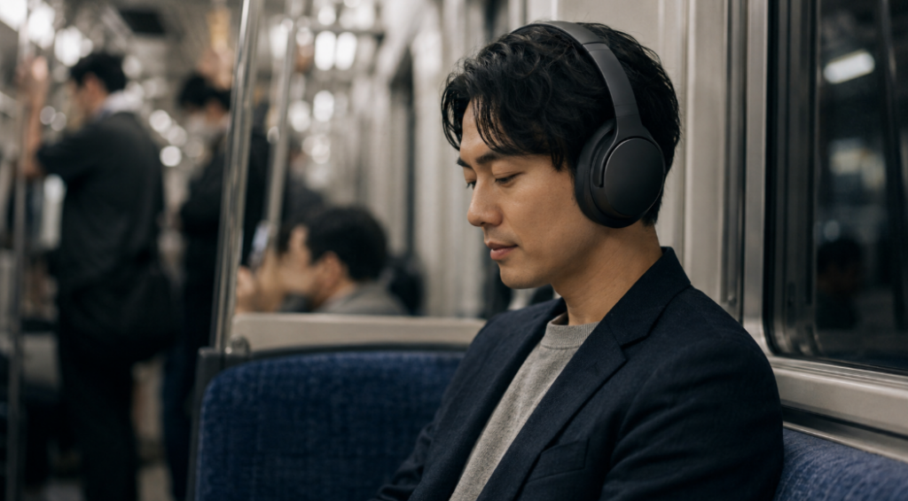 通勤電車でQuietComfort Headphones 第2世代をイメージしたヘッドホンを使う日本人男性