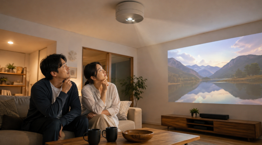 Aladdin X3とX2 Plusの違いを検討しながら天井プロジェクターを見る日本人夫婦