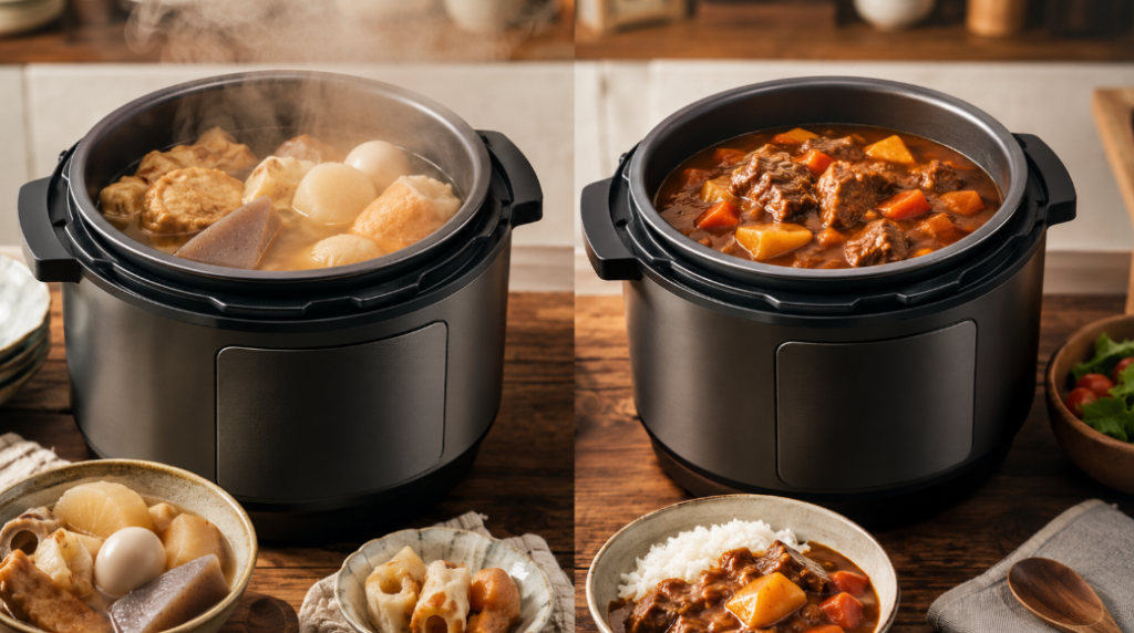 スロー調理の煮込み料理と圧力調理のカレーでSP-4D151とSP-4D131の違いを表したイメージ