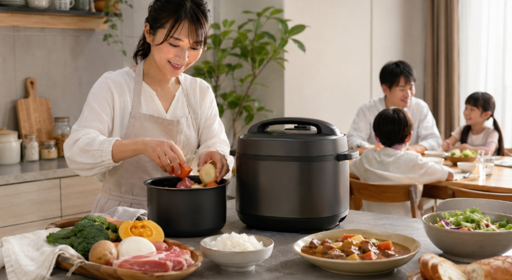 電気圧力鍋に食材を入れて家族の夕食を準備する日本人女性