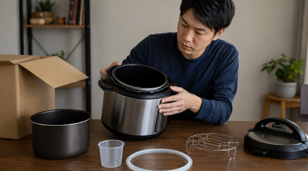 生産終了した電気圧力鍋の内なべやパッキンなど付属品の状態を確認する男性