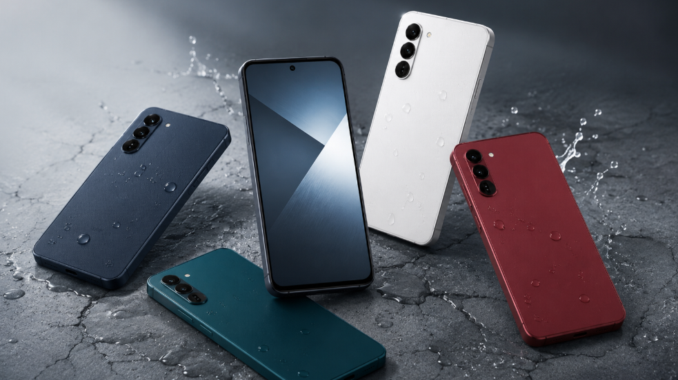 水滴とタフな路面を背景に4色のarrows Alpha2を並べたスマートフォンのイメージ