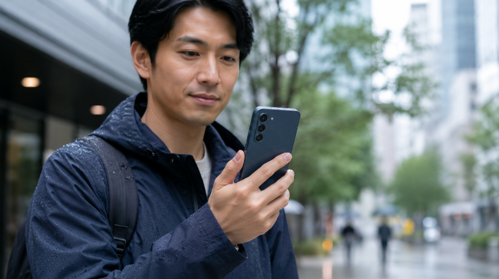 雨の街中でarrows Alpha2を使用する日本人男性と防水・耐久性をイメージした様子