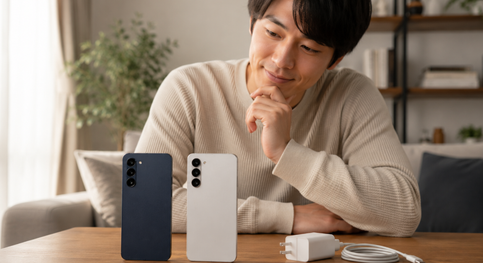 arrows Alpha2と旧モデル、充電器を見比べながら購入を検討する日本人男性