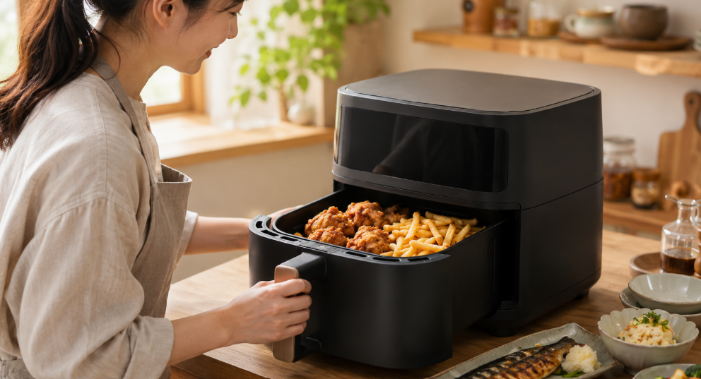大容量のエアーオーブンで唐揚げやポテトを調理するRAO-4の使用イメージ