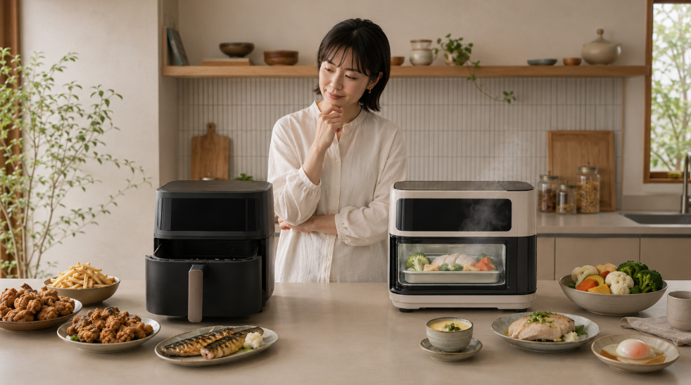 RAO-4とRAO-3を前に調理方法や使いやすさを比較して選ぶ女性のイメージ