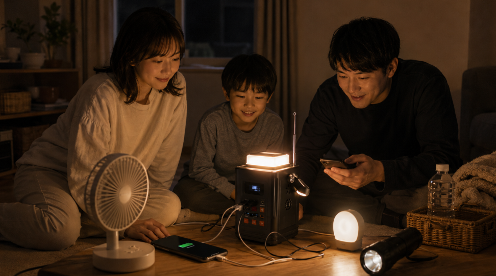 停電した室内でENEPORTA+3からスマホや小型扇風機へ給電する日本人家族
