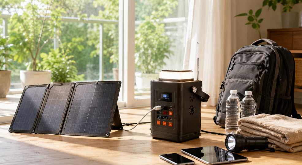 ENEPORTA+3と折りたたみソーラーパネルを使った長期停電に備える防災セット