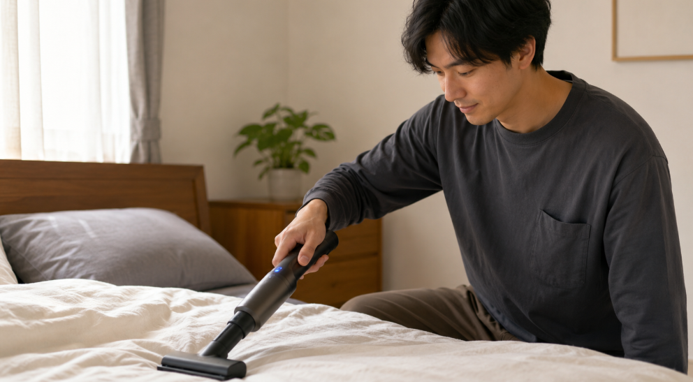 日本人男性が軽量なスティック型ふとんクリーナーでベッドを手軽に掃除する様子