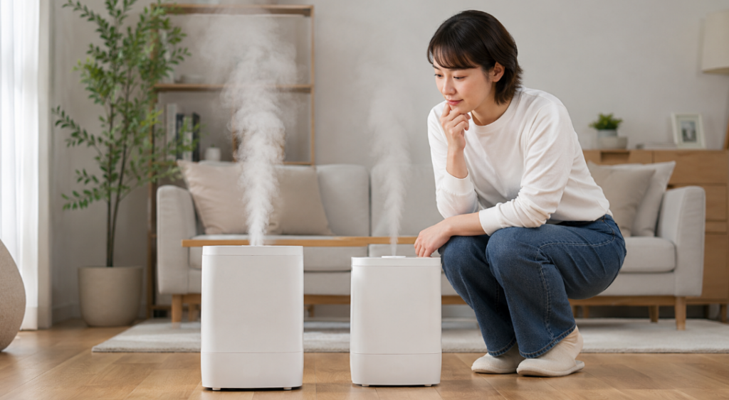 2台のスチーム式加湿器を見比べながらEE-TC60とEE-DE50の違いを検討する女性