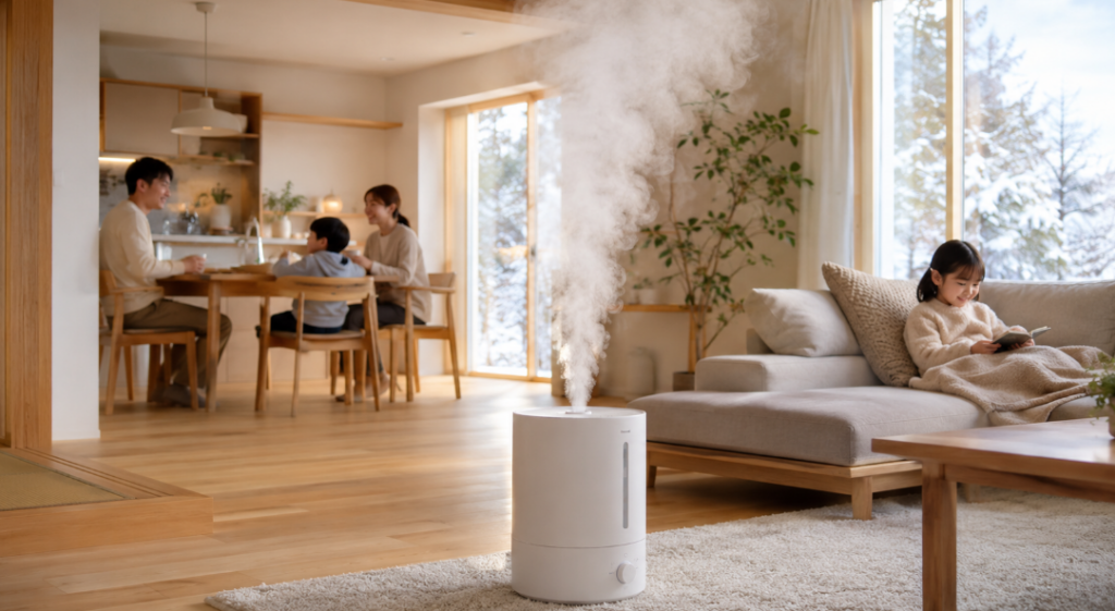 広いLDKで力強く加湿するスチーム式加湿器と家族が過ごす冬のリビング