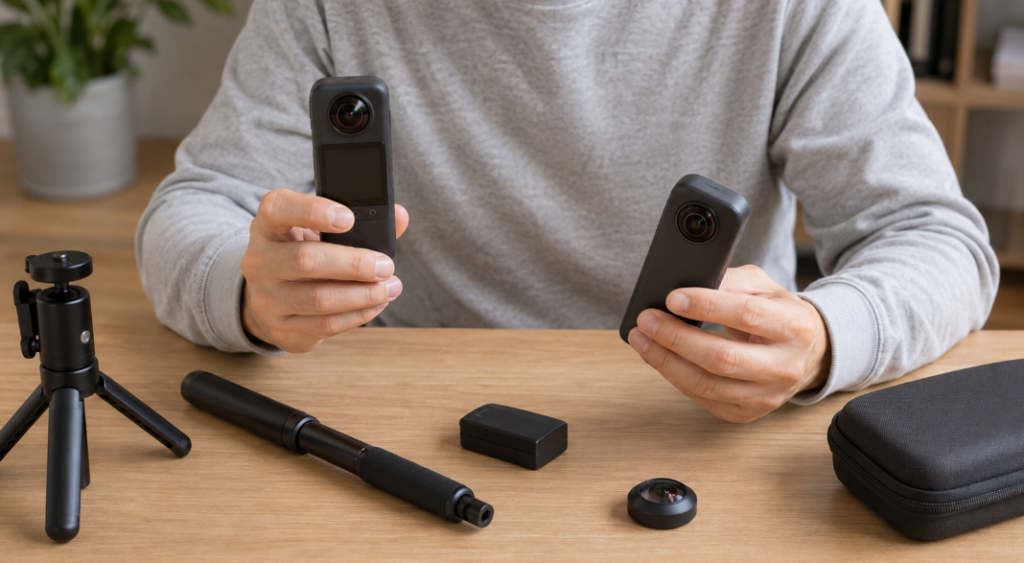 Osmo 360 IIとOsmo 360の本体や撮影アクセサリーを比較する様子