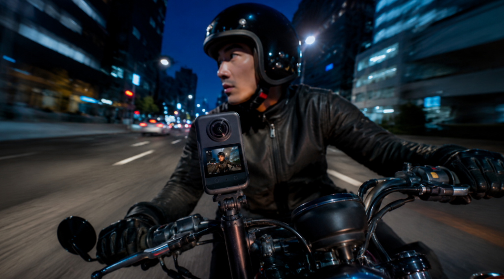 夜のバイク走行で360度カメラを使い高速アクション撮影する男性
