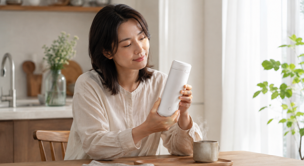 白いポータブルケトルを手に取り使い勝手を確認する日本人女性