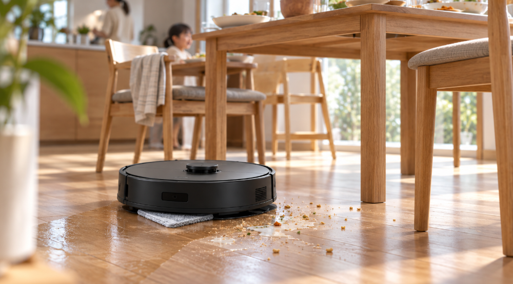 ダイニングの食べこぼしを吸引しながら水拭きするR2 Nuroviをイメージしたロボット掃除機