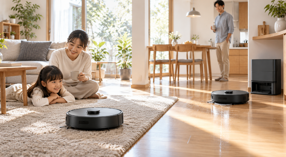 カーペットとフローリングのある家庭でR1とR2 Nuroviの使い方を比較する家族のイメージ