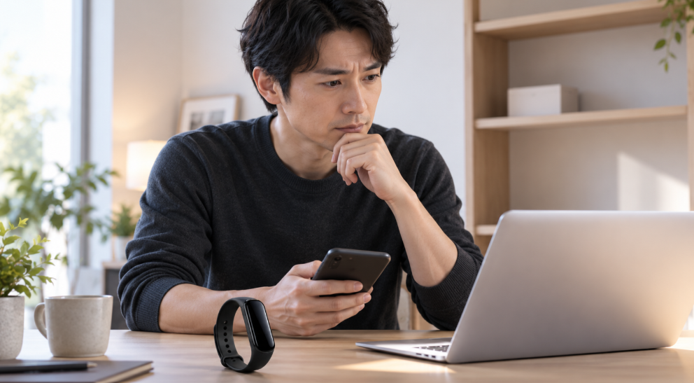 Fitbit Airの在庫や再入荷をパソコンとスマホで確認する男性