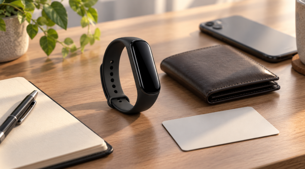Fitbit Airの価格を比較し購入判断をするイメージのスマートバンドと財布