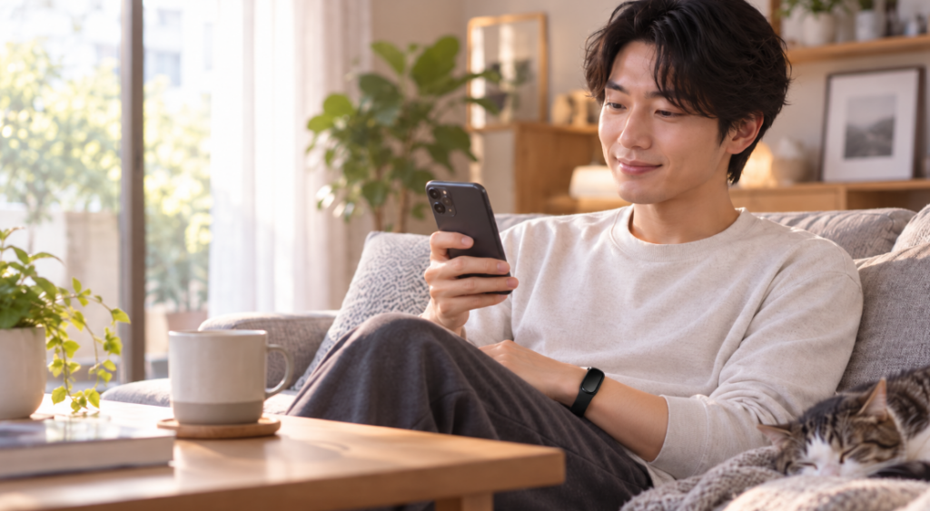 Fitbit Airの再入荷をスマホで確認しながら落ち着いて待つ男性