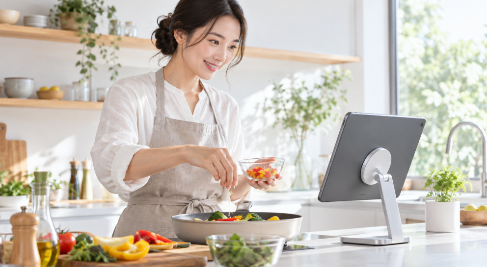 キッチンでマグネット式スタンドに設置した大画面タブレットを見ながら料理する女性
