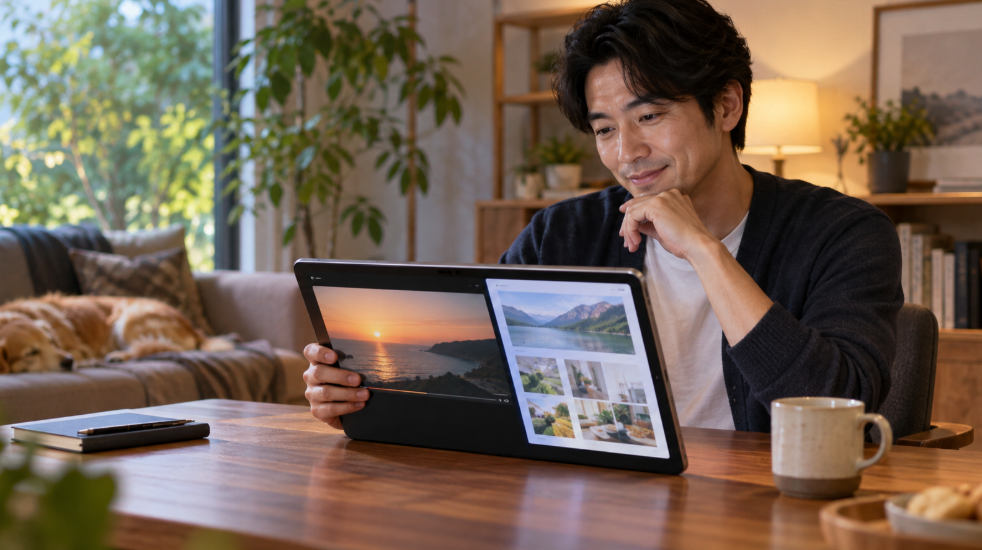 大画面タブレットで動画視聴とブラウザ閲覧を使い分ける男性のマルチタスク利用イメージ