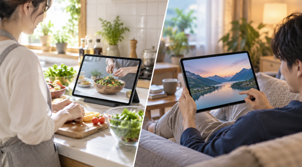 キッチンでのスタンド利用とリビングでの動画視聴を比較した大画面タブレットの使用例