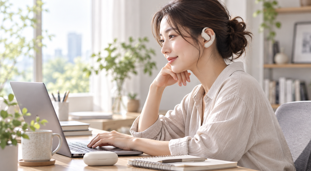 OpenFit Air 2を装着して自宅で長時間パソコン作業をする日本人女性のイメージ