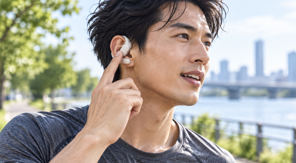 OpenFit Air 2の感圧式ボタンをランニング中に操作する日本人男性のイメージ