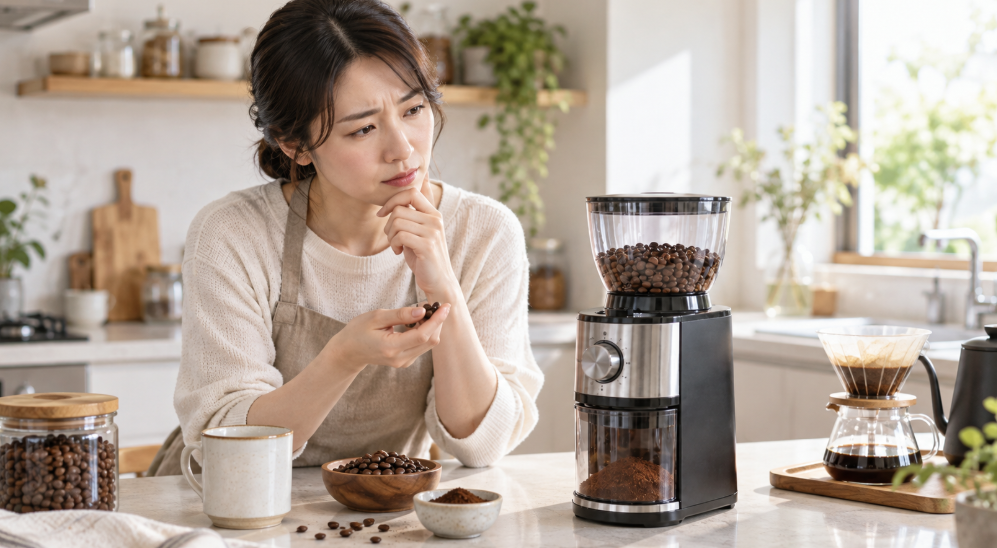 8500JPの購入を検討しながらコーヒーグラインダーを確認する日本人女性