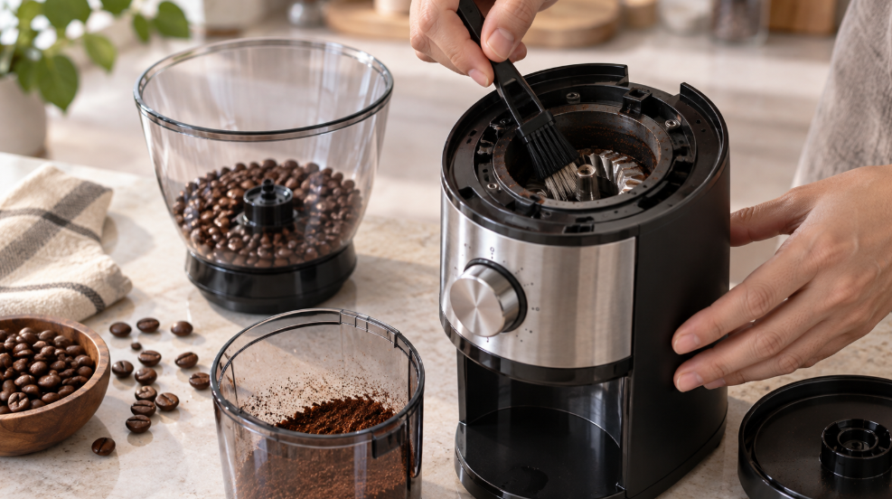 :8500JPのカッター周辺をブラシで掃除するコーヒーグラインダーのお手入れイメージ