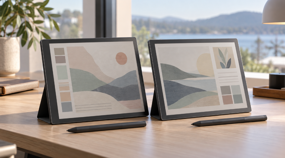 BOOX NoteAir6CとNoteAir5Cをイメージした2台のカラーE Inkタブレット比較