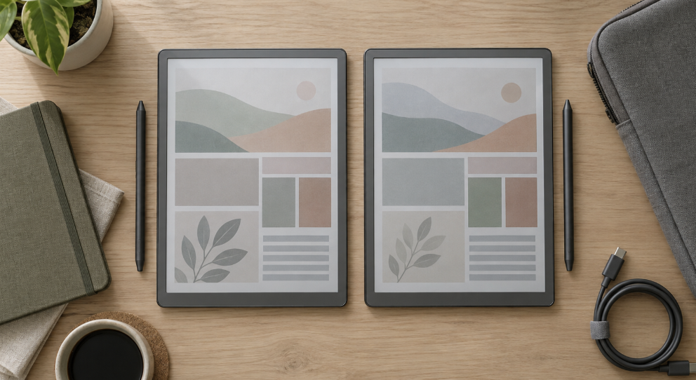 画面サイズや本体仕様が近い2台のカラーE Inkタブレットを並べた比較イメージ