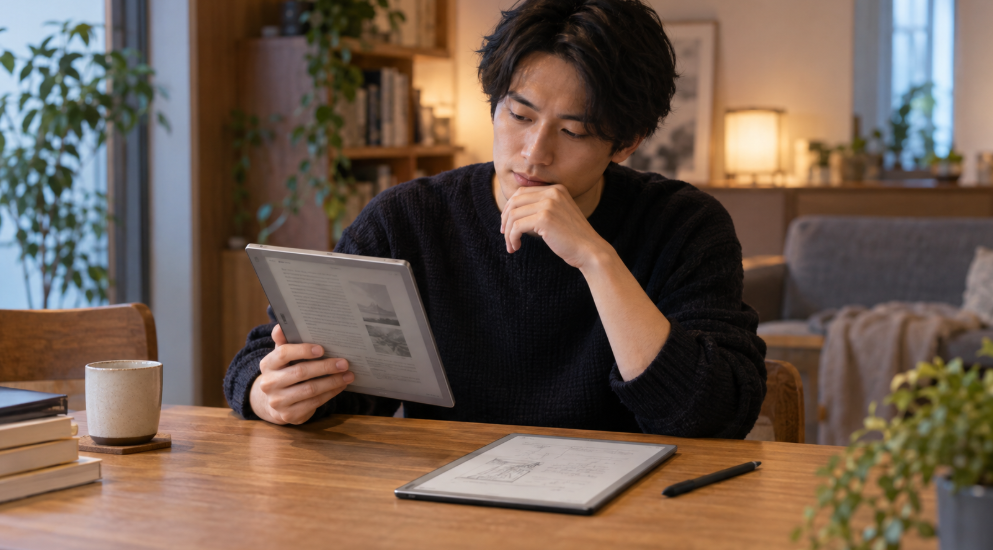 BOOX NoteAir6CとNoteAir5Cのどちらを選ぶか比較検討する男性