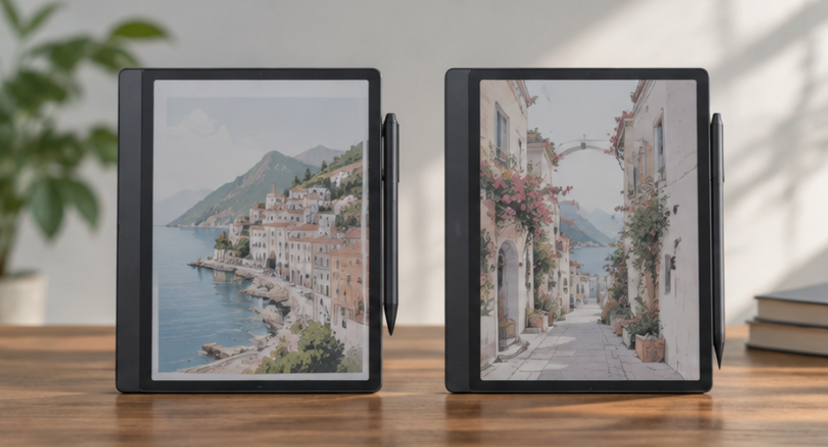 カラーE Inkタブレットで大容量PDFを閲覧する男性とスタイラスペン