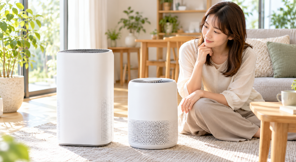 Eleva 300XとCore 300Sを見比べて選ぶ日本人女性と2台の空気清浄機